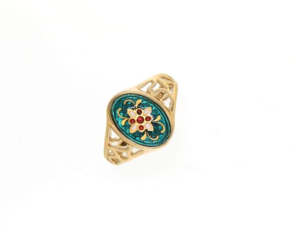 Bague ovale moyen modele cote ajoure vert bleuté