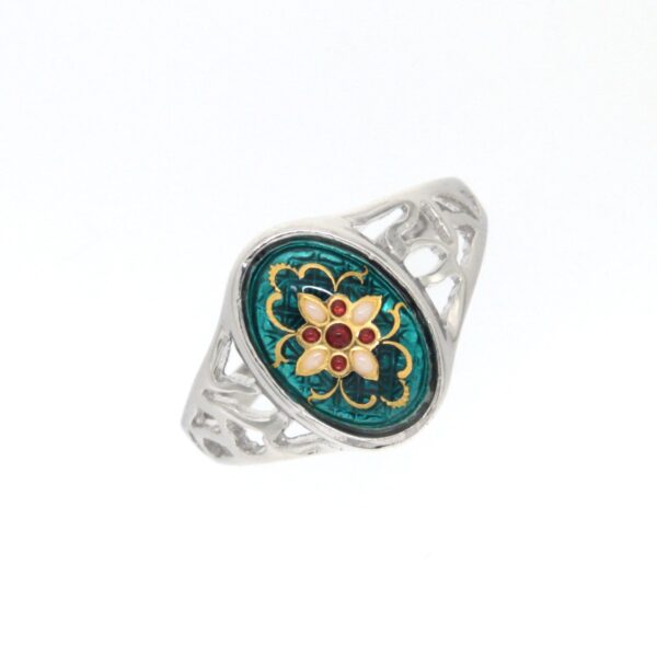 Bague ovale moyen modele cote ajoure vert bleuté