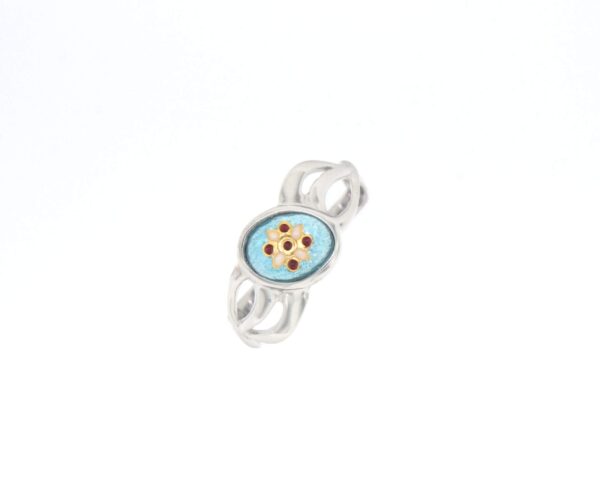 Bague petit email ovale monture 3 fils entrelaces bleu ciel