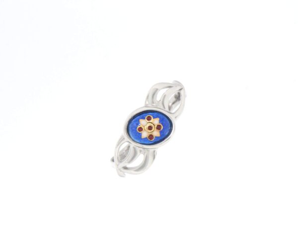 Bague petit email ovale monture 3 fils entrelaces bleu de bresse