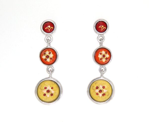 Boucles d4oreilles pendantes 3 ronds systeme papillon jaune/orange/rouge