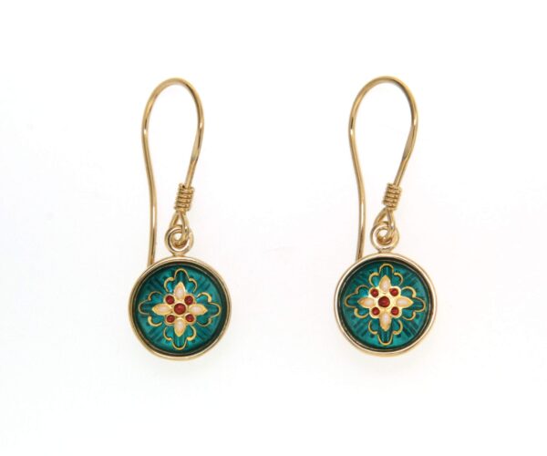 Boucles d'oreilles 1/2 boules pendantes systeme col de cygne vert bleuté