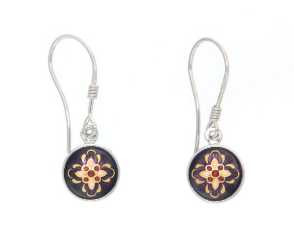 Boucles d'oreilles 1/2 boules pendantes systeme col de cygne violet prune