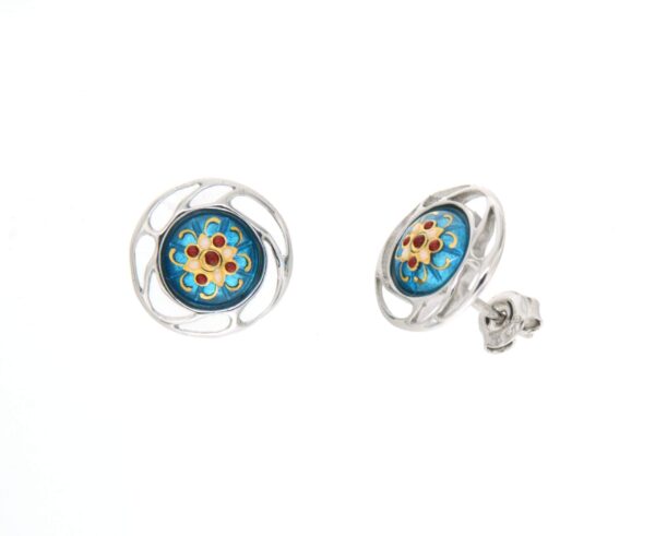Boucles d'oreilles clous rond monture ajoure systeme papillon bleu turquoise