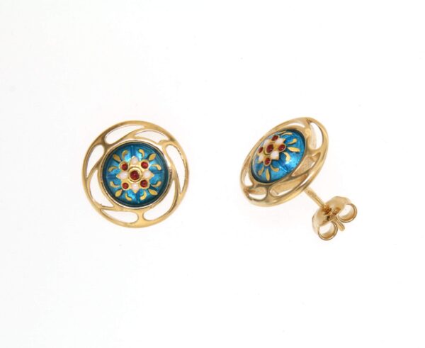 Boucles d'oreilles clous rond monture ajoure systeme papillon bleu turquoise