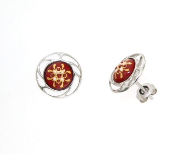 Boucles d'oreilles clous rond monture ajoure systeme papillon rouge cerise