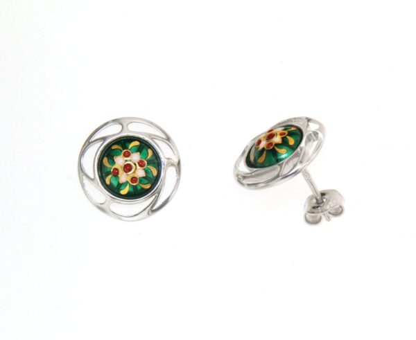Boucles d'oreilles clous rond monture ajoure systeme papillon vert