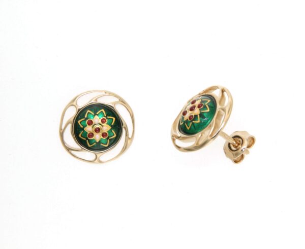 Boucles d'oreilles clous rond monture ajoure systeme papillon vert