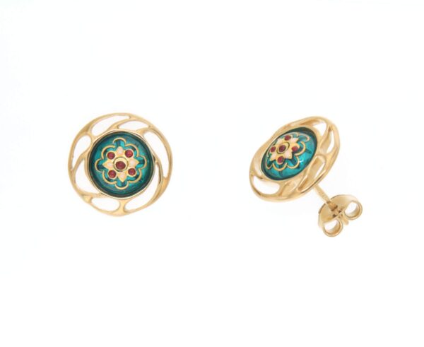 Boucles d'oreilles clous rond monture ajoure systeme papillon vert bleuté