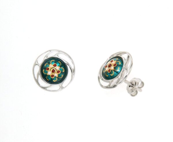 Boucles d'oreilles clous rond monture ajoure systeme papillon vert bleuté