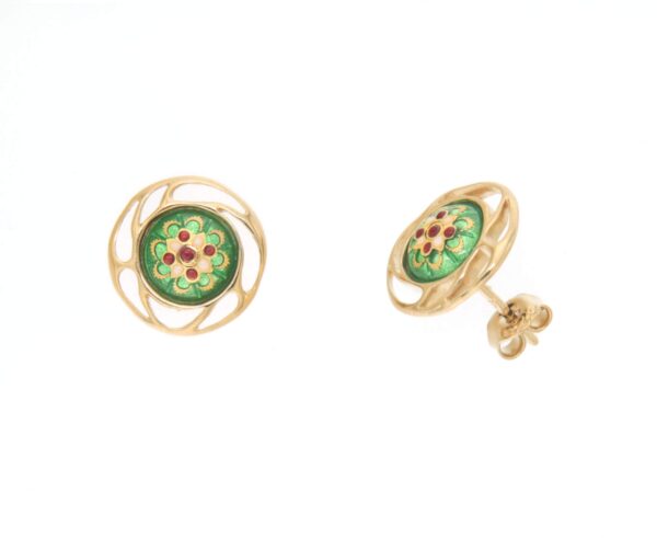 Boucles d'oreilles clous rond monture ajoure systeme papillon vert chartreuse
