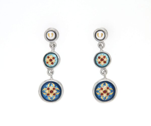 Boucles d'oreilles pendantes 3 rond systeme papillon dégradé blanc/bleu