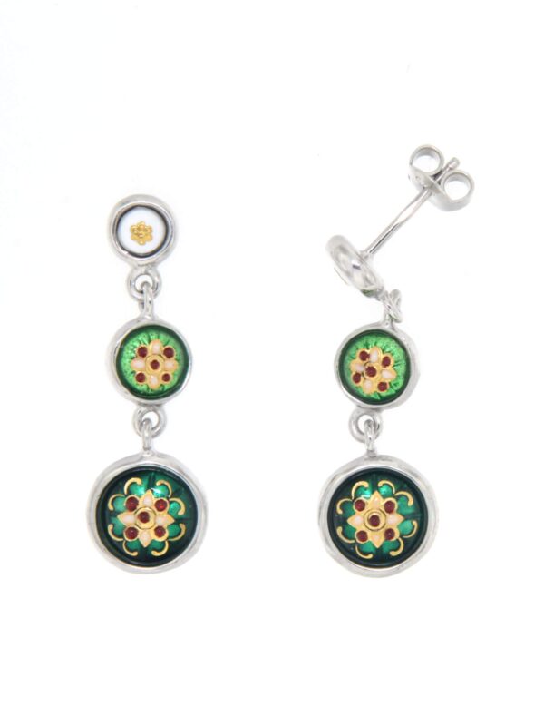 Boucles d'oreilles pendantes 3 ronds systeme papillon vert/vert chartreuse/blanc