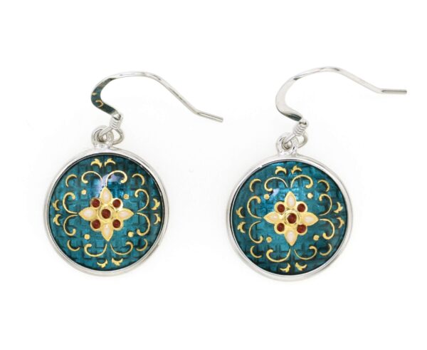 Boucles d'oreilles rond bombe systeme col de cygne vert bleuté