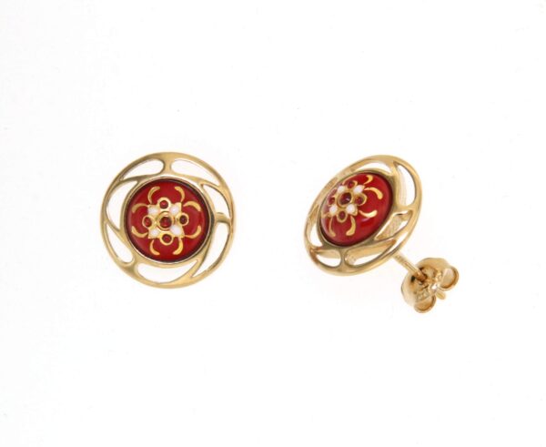 Boucles d'orreilles clous rond monture ajoure systeme papillon rouge cerise