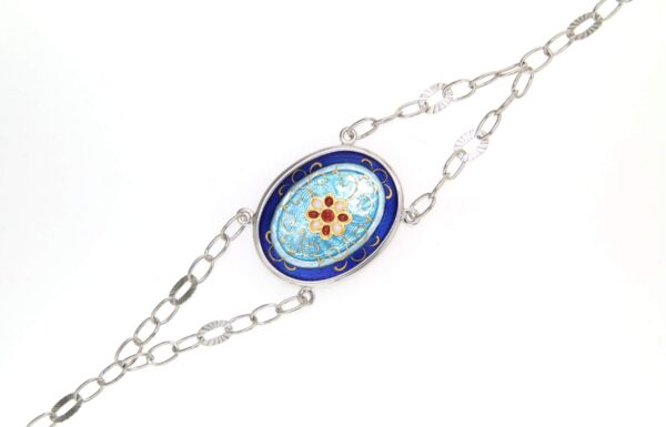 Bracelet double chainette 1 grand ovale bleu de bresse/bleu ciel