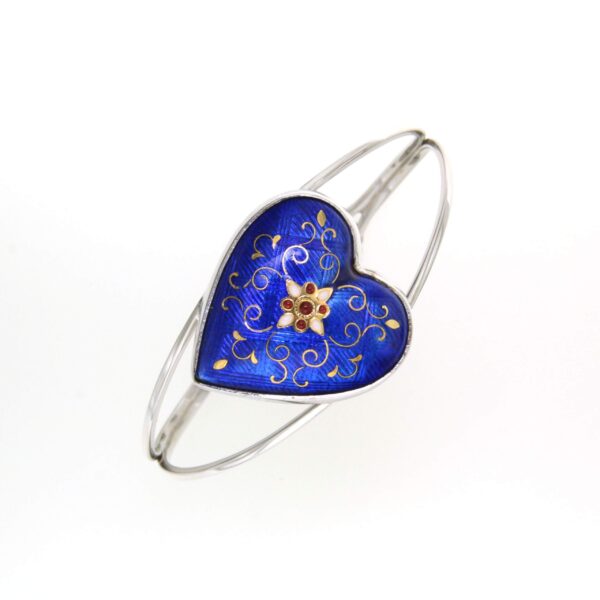 Bracelet rigide grand coeur bombe avec ouverture bleu de bresse