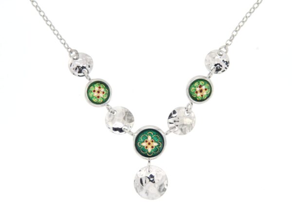 Collier emaux pastilles argent en chute verts/verts chartreuse