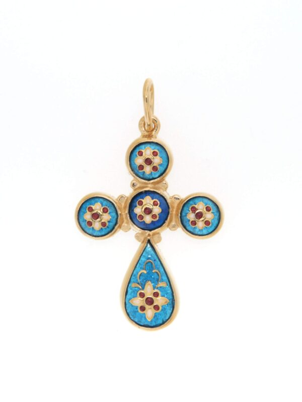 Croix 5 ronds et 1 goutte bleu électrique/ bleu turquoise