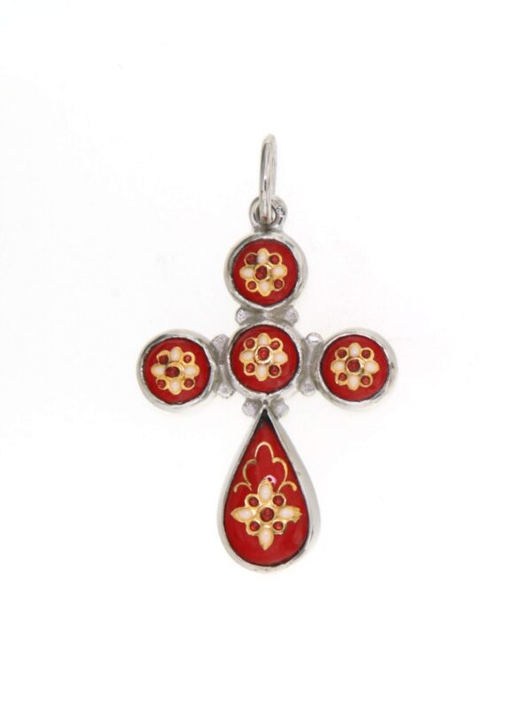 Croix 5 ronds et 1 goutte rouge cerise