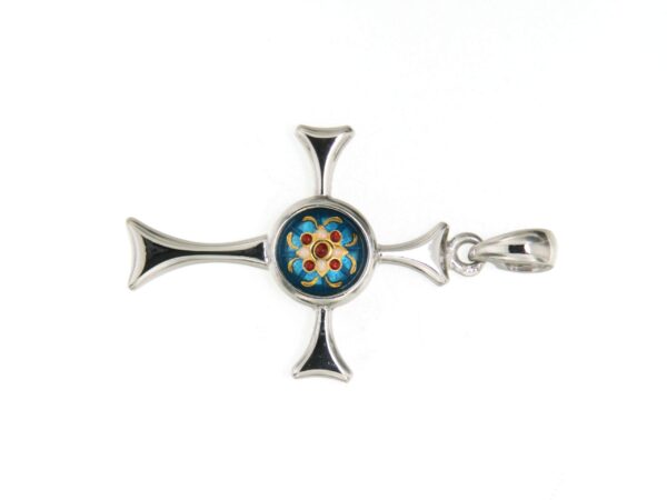 Croix avec un email rond au centre bleu turquoise