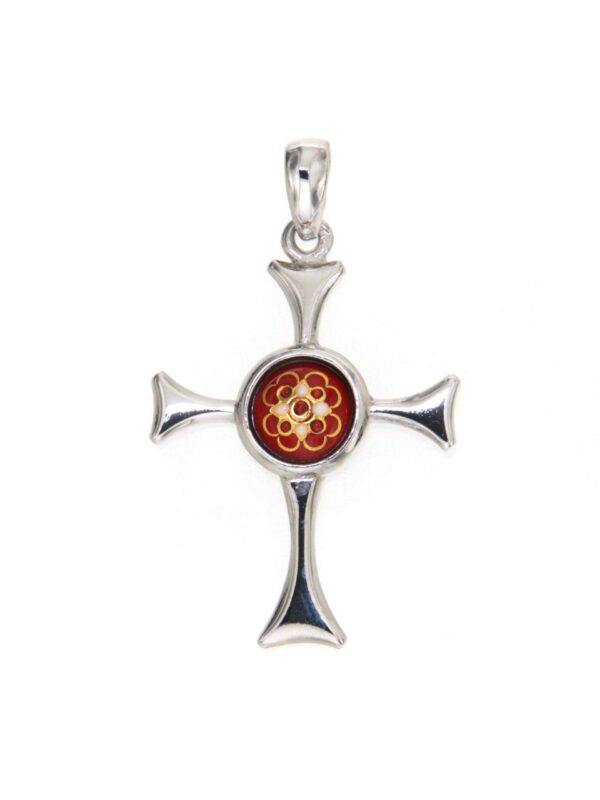 Croix avec un email rond au centre rouge cerise