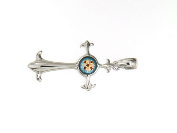 Croix fantaisie avec petit rond au centre bleu ciel