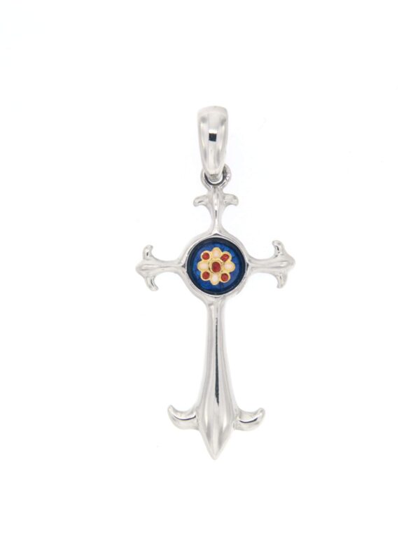 Croix fantaisie avec petit rond au centre bleu electrique