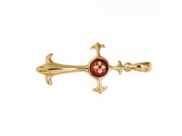 Croix fantaisie avec petit rond au centre rouge cerise