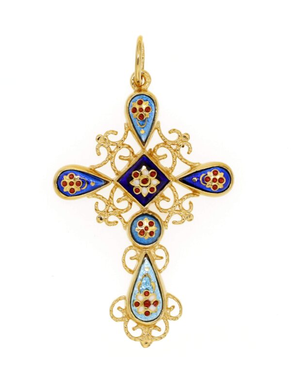 Croix filigrane 1 carré 1 rond 3 petites gouttes 1 grande goutte dégradé de bleus