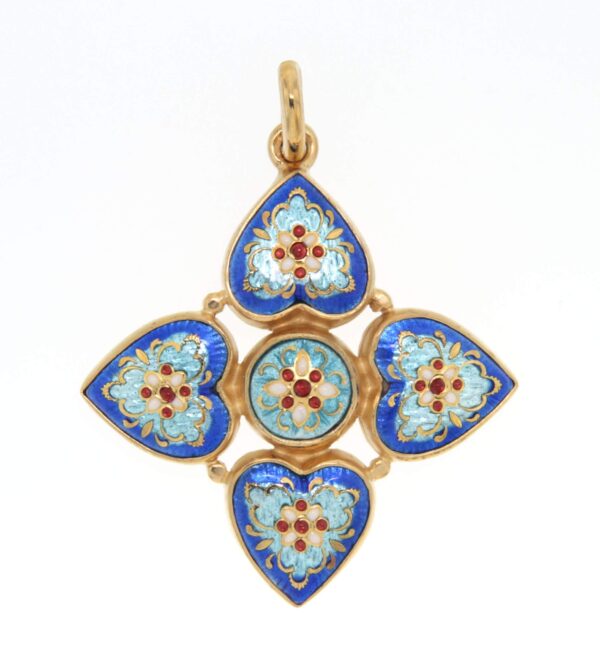 Pendentif 4 coeurs avec email rond au centre  bleu de bresse/bleu ciel