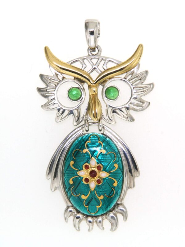 Pendentif chouette vert bleuté