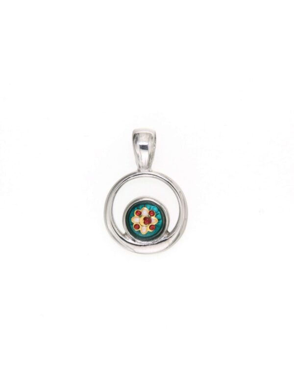Pendentif rond petit modele excentre vert bleuté