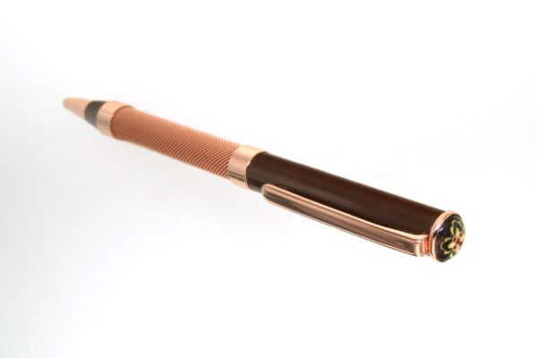 Stylo bille acier cuivre embout emaux bressans chocolat