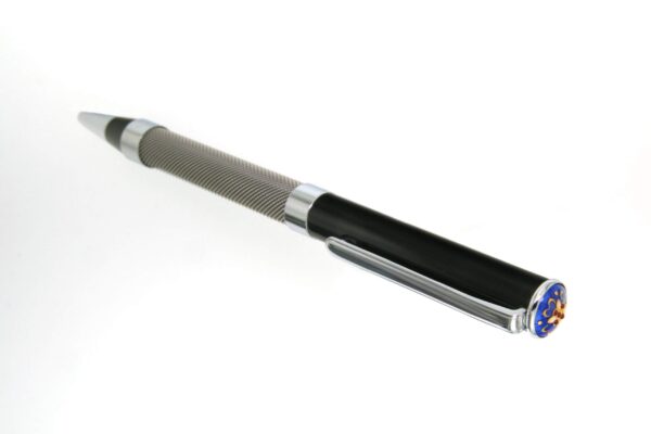Stylo bille acier gris embout emaux bressans bleu de bresse