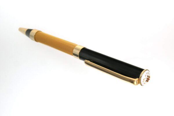 Stylo bille acier plaque or jaune embout emaux bressans blanc