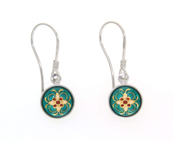 Boucles d'oreilles 1/2 boules pendantes systeme col de cygne vert bleuté